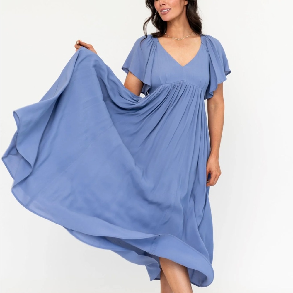 Periwinkle Blue Midi Dress with V-Neck and Flutter Sleeves